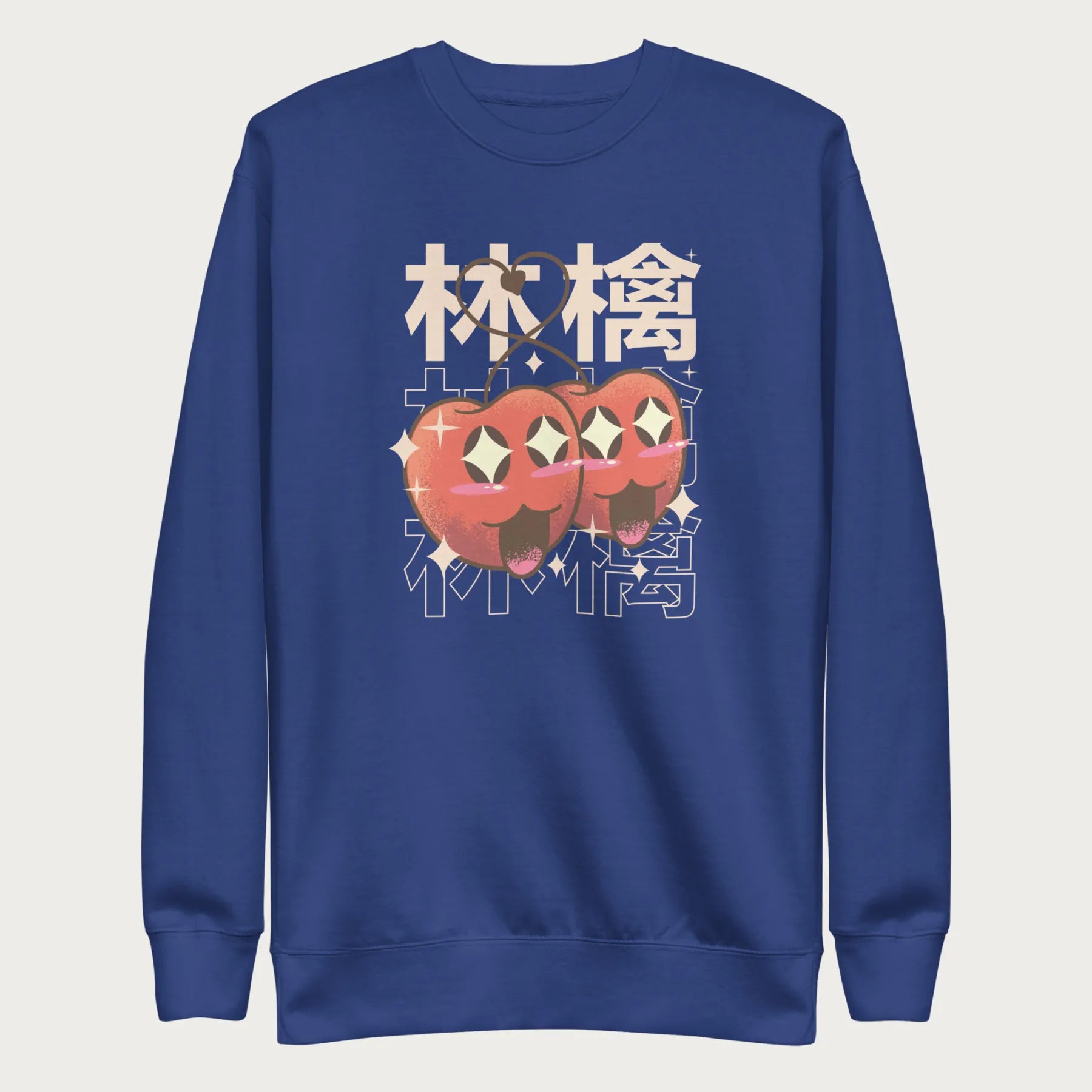 Royal blue sweatshirt with Japanese text and a kawaii red apple graphic.