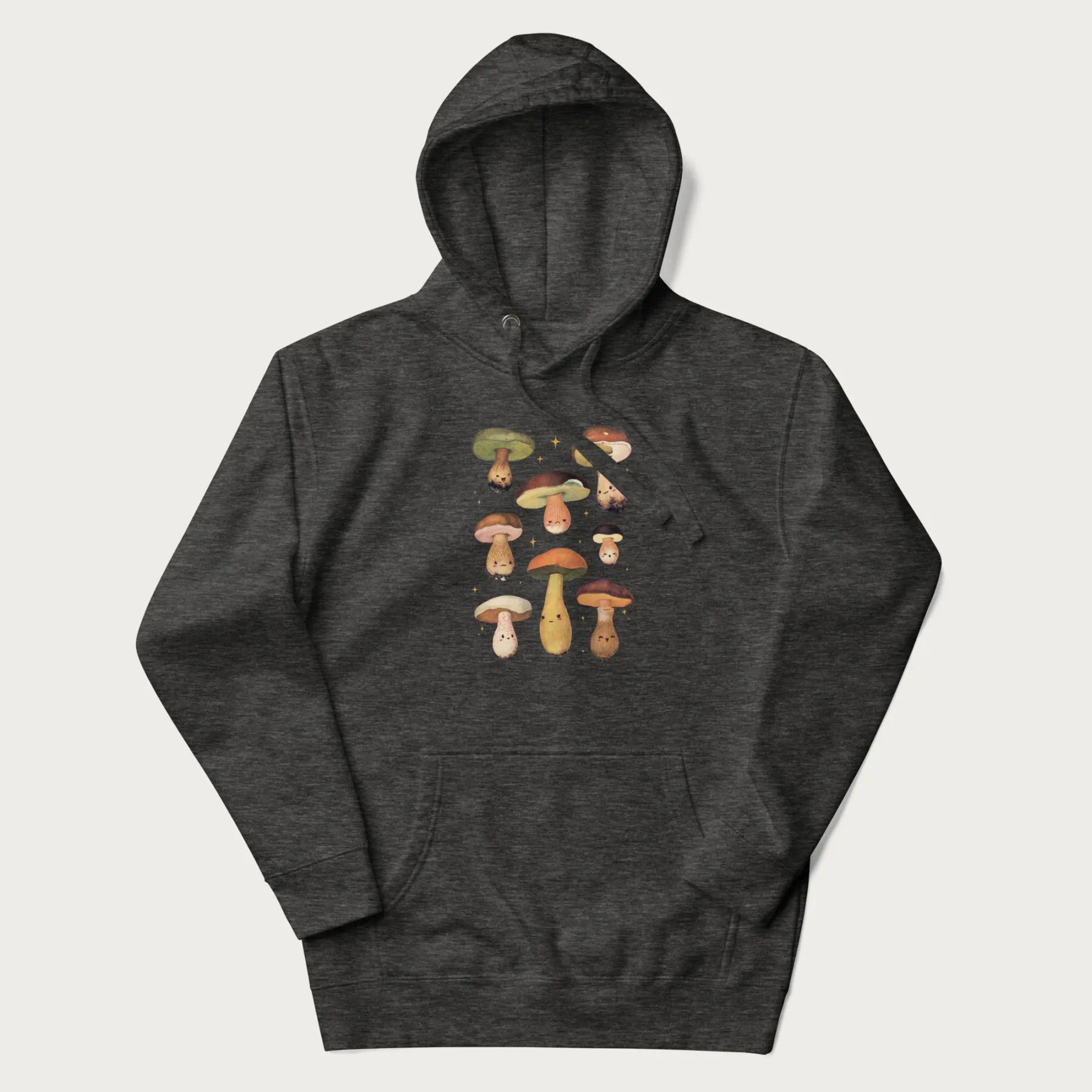 Dark grey hoodie with Japanese graphic of cute and expressive mushrooms with various faces.