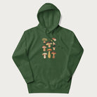 Forest green hoodie with Japanese graphic of cute and expressive mushrooms with various faces.