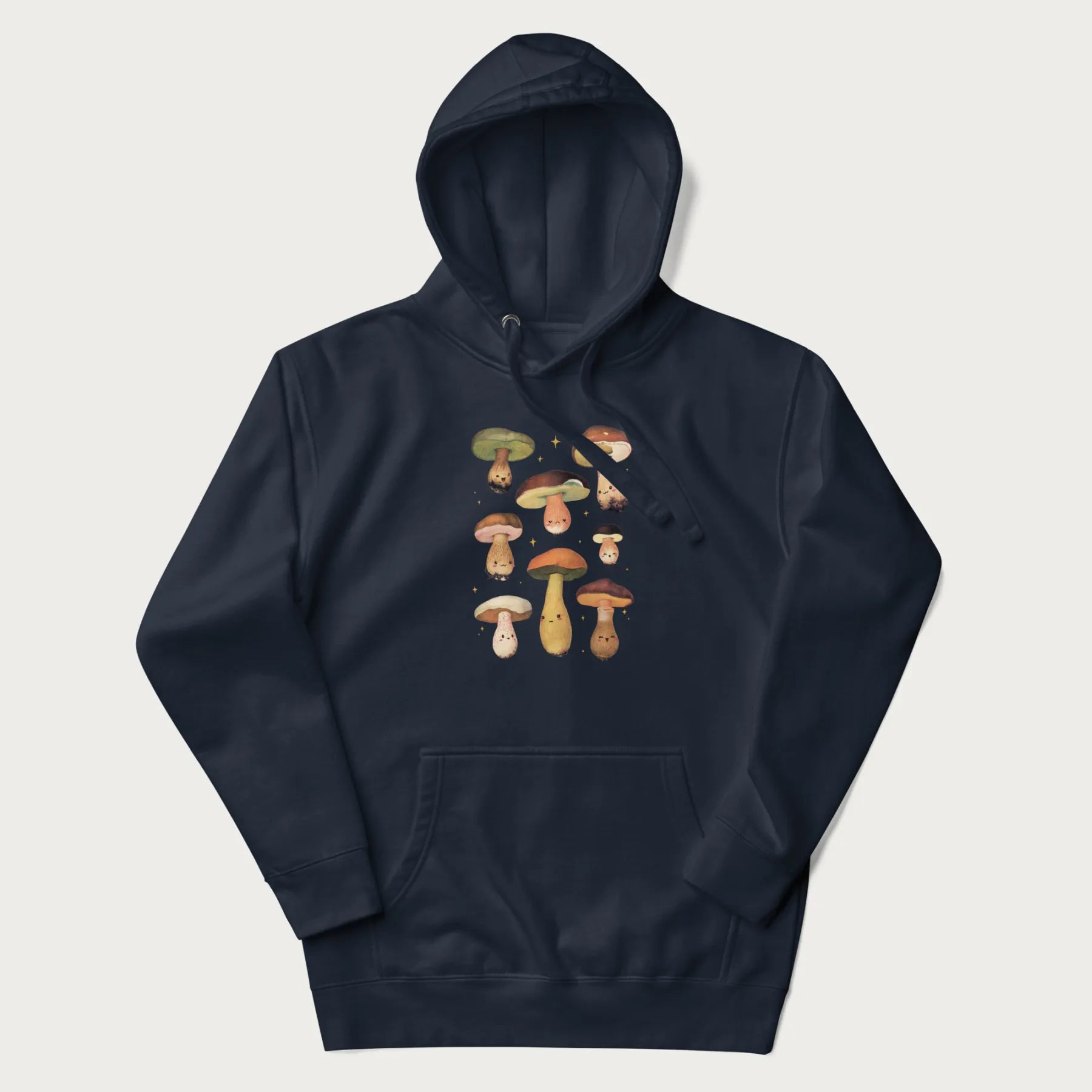 Navy blue hoodie with Japanese graphic of cute and expressive mushrooms with various faces.