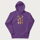 Purple hoodie with Japanese graphic of cute and expressive mushrooms with various faces.