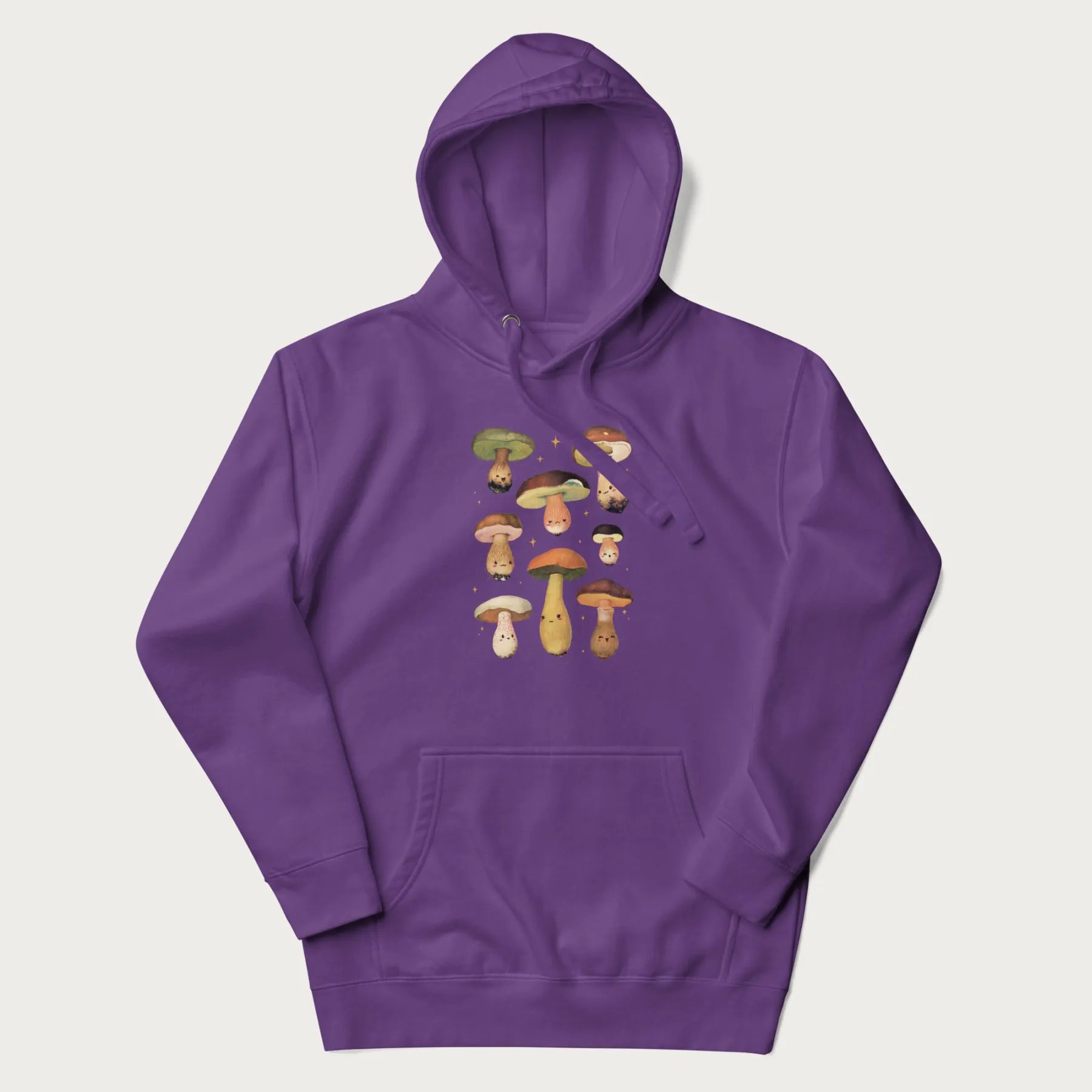 Purple hoodie with Japanese graphic of cute and expressive mushrooms with various faces.