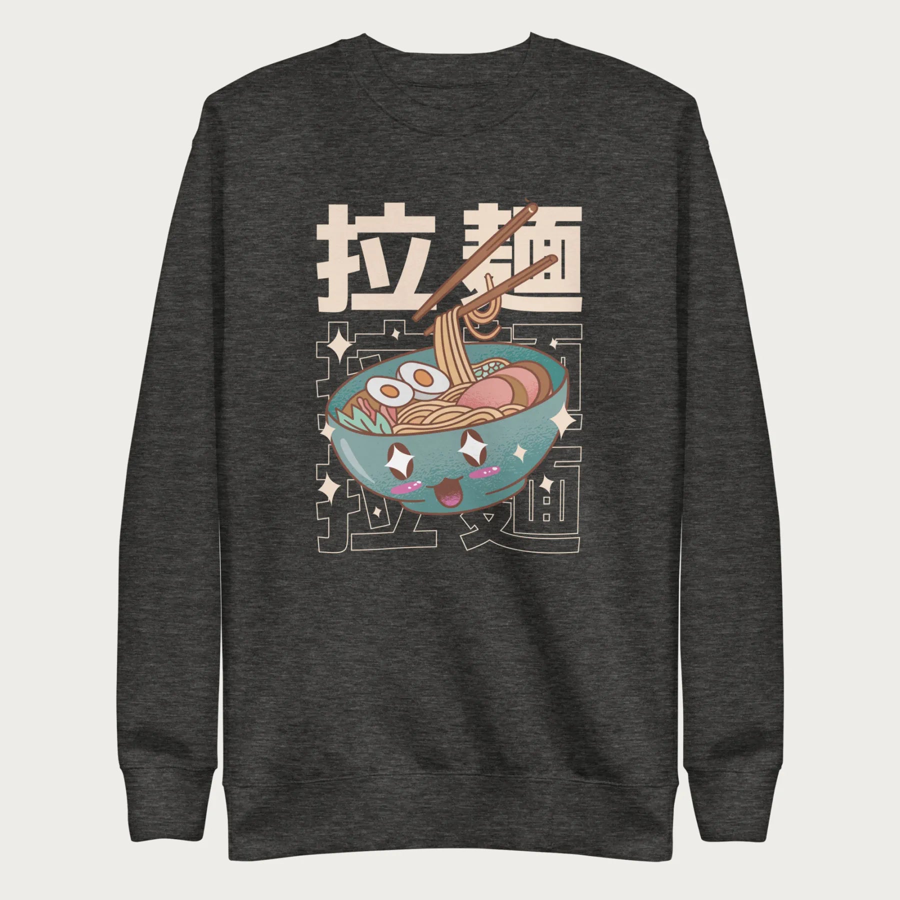 Dark grey sweatshirt with Japanese text and a kawaii ramen bowl graphic.