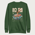 Forest green sweatshirt with Japanese text and a kawaii ramen bowl graphic.