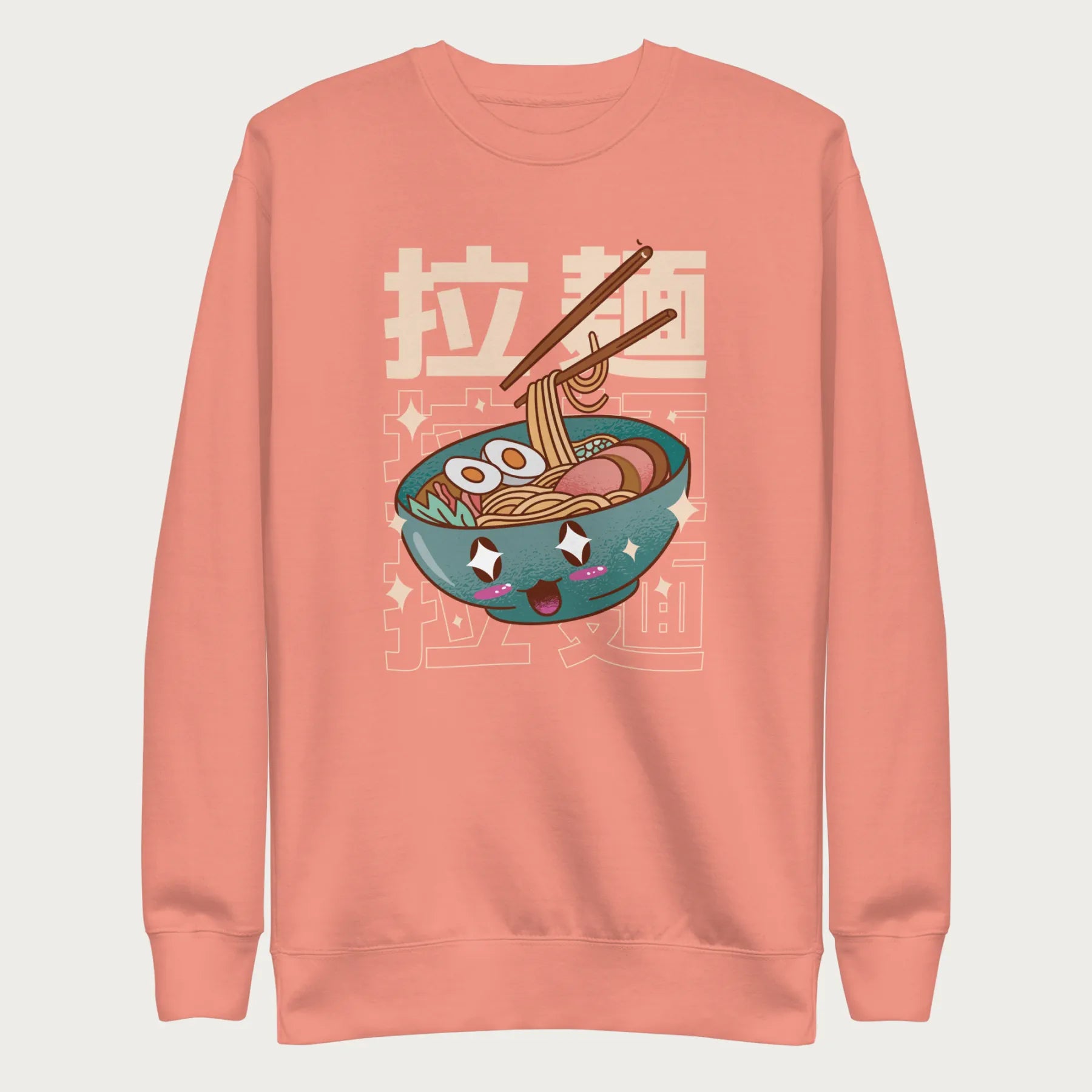 Light pink sweatshirt with Japanese text and a kawaii ramen bowl graphic.