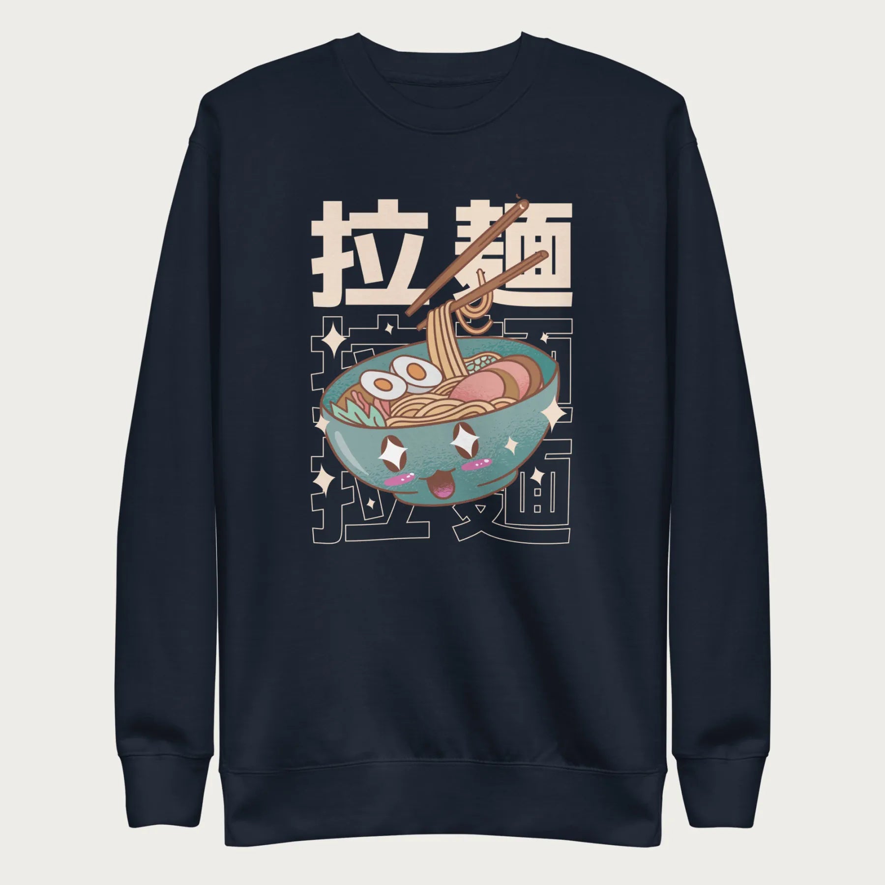 Navy blue sweatshirt with Japanese text and a kawaii ramen bowl graphic.