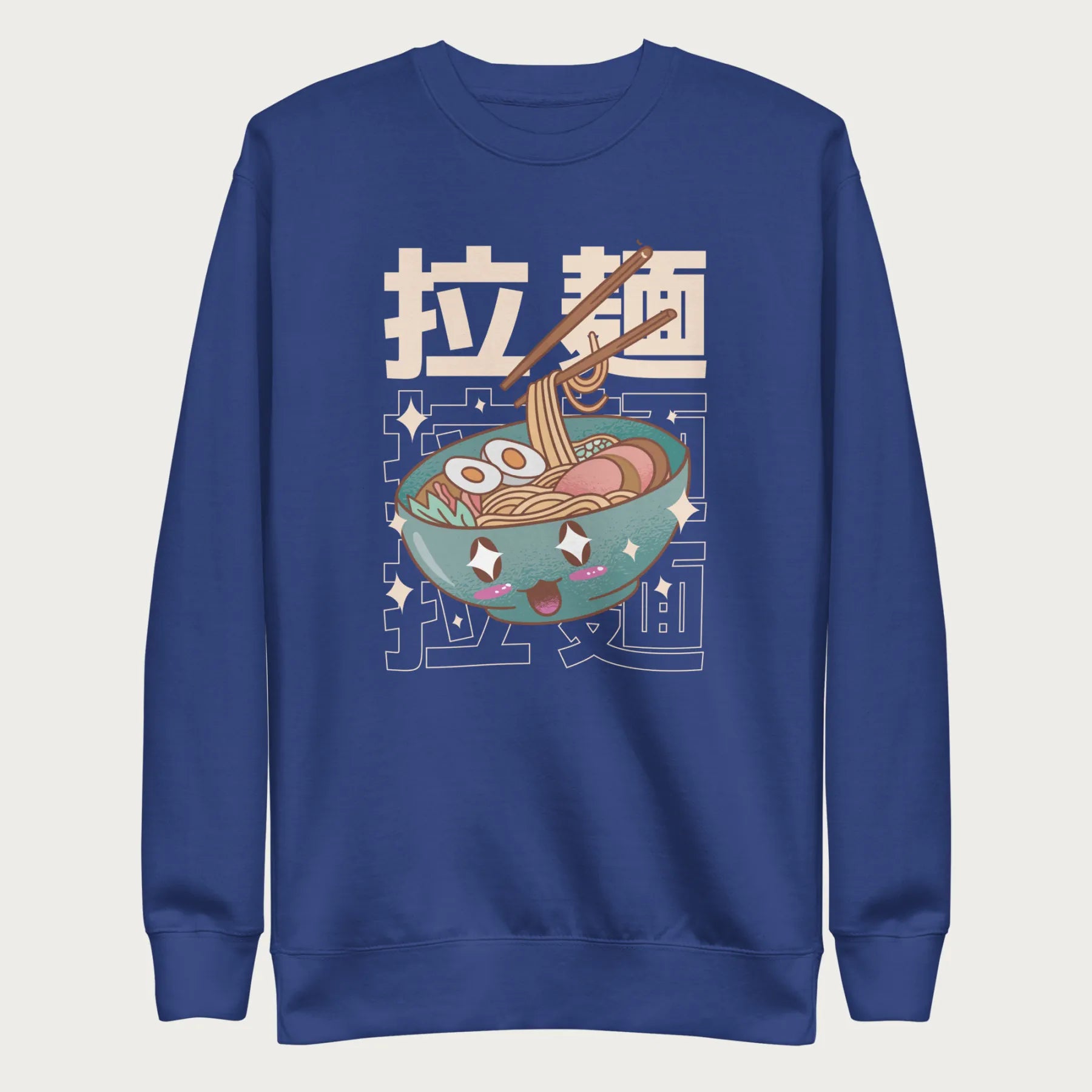 Royal blue sweatshirt with Japanese text and a kawaii ramen bowl graphic.