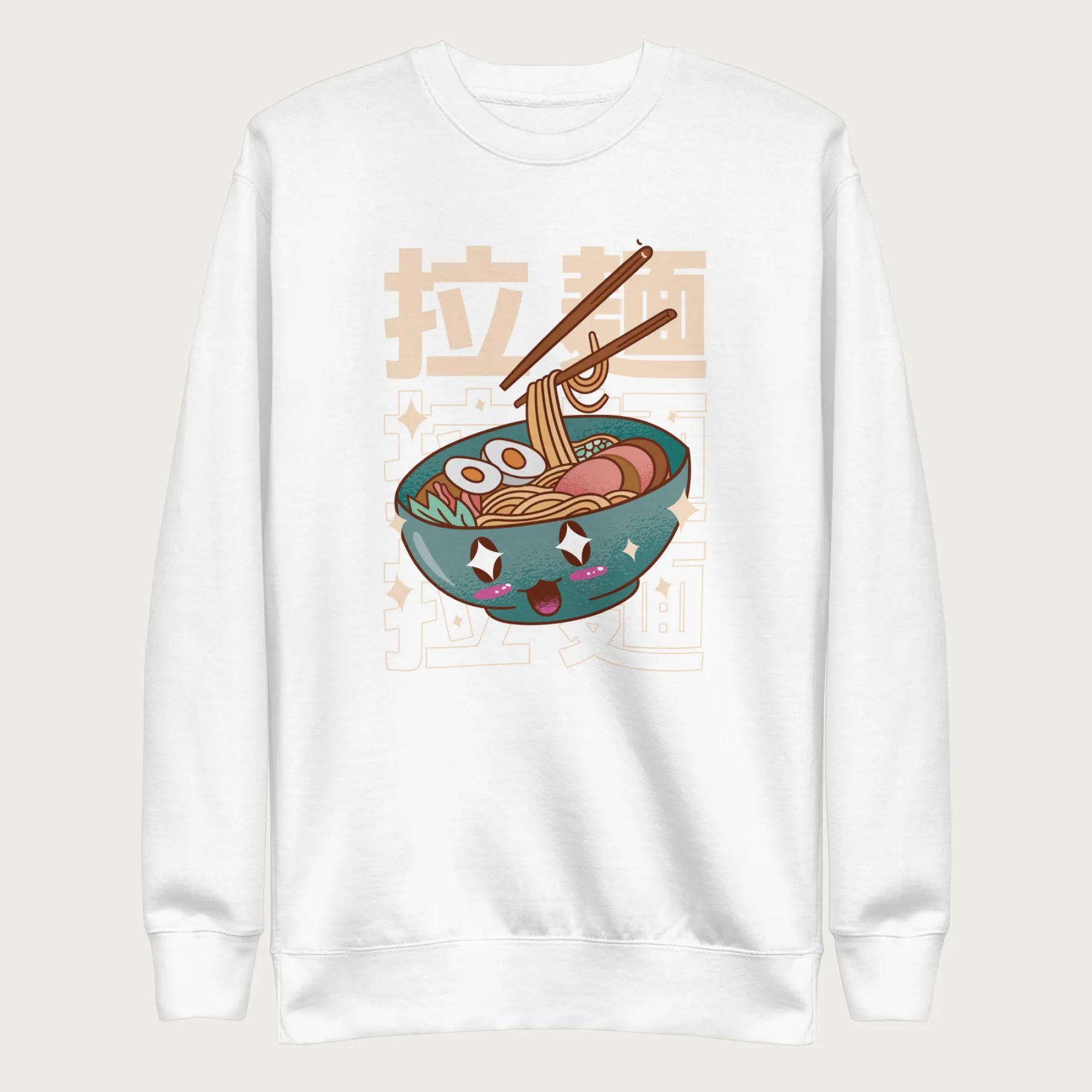 White sweatshirt with Japanese text and a kawaii ramen bowl graphic.