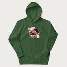 Forest green hoodie with Japanese text '拉麵!!!' (Ramen!!!) in vibrant pink and realistic ramen bowl graphic.