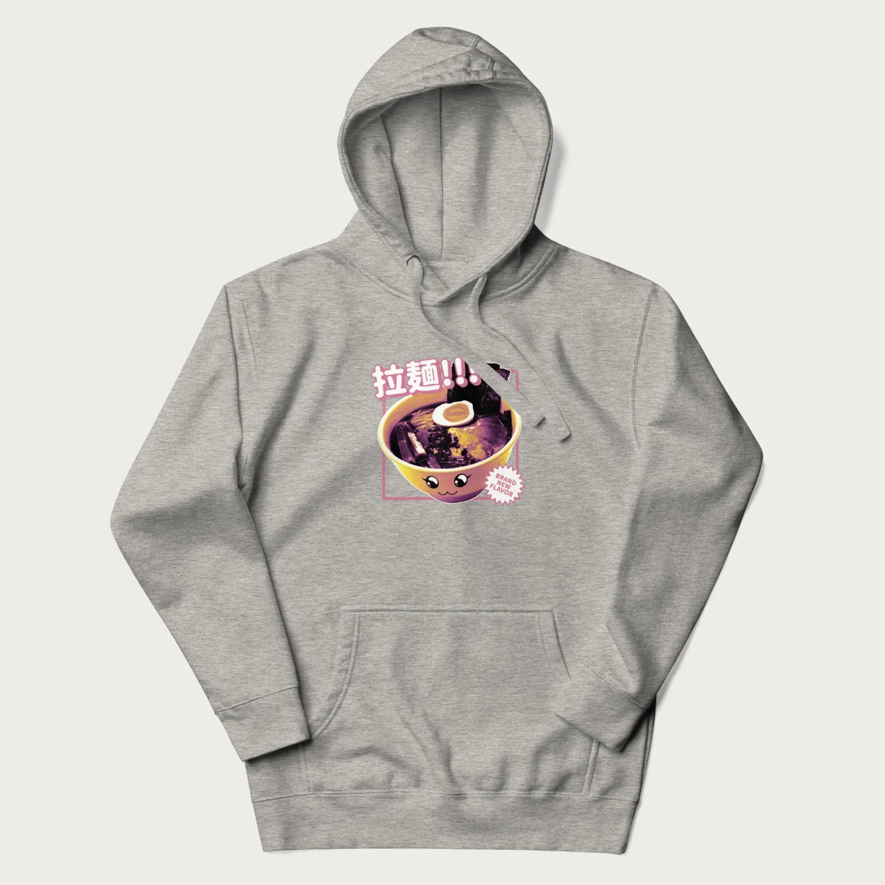 Light grey hoodie with Japanese text '拉麵!!!' (Ramen!!!) in vibrant pink and realistic ramen bowl graphic.