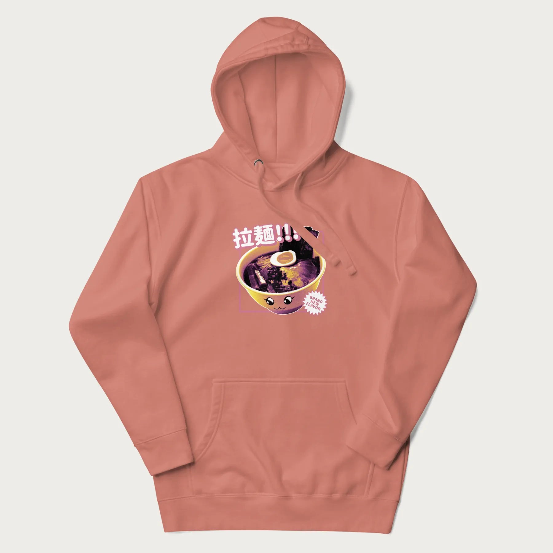 Light pink hoodie with Japanese text '拉麵!!!' (Ramen!!!) in vibrant pink and realistic ramen bowl graphic.