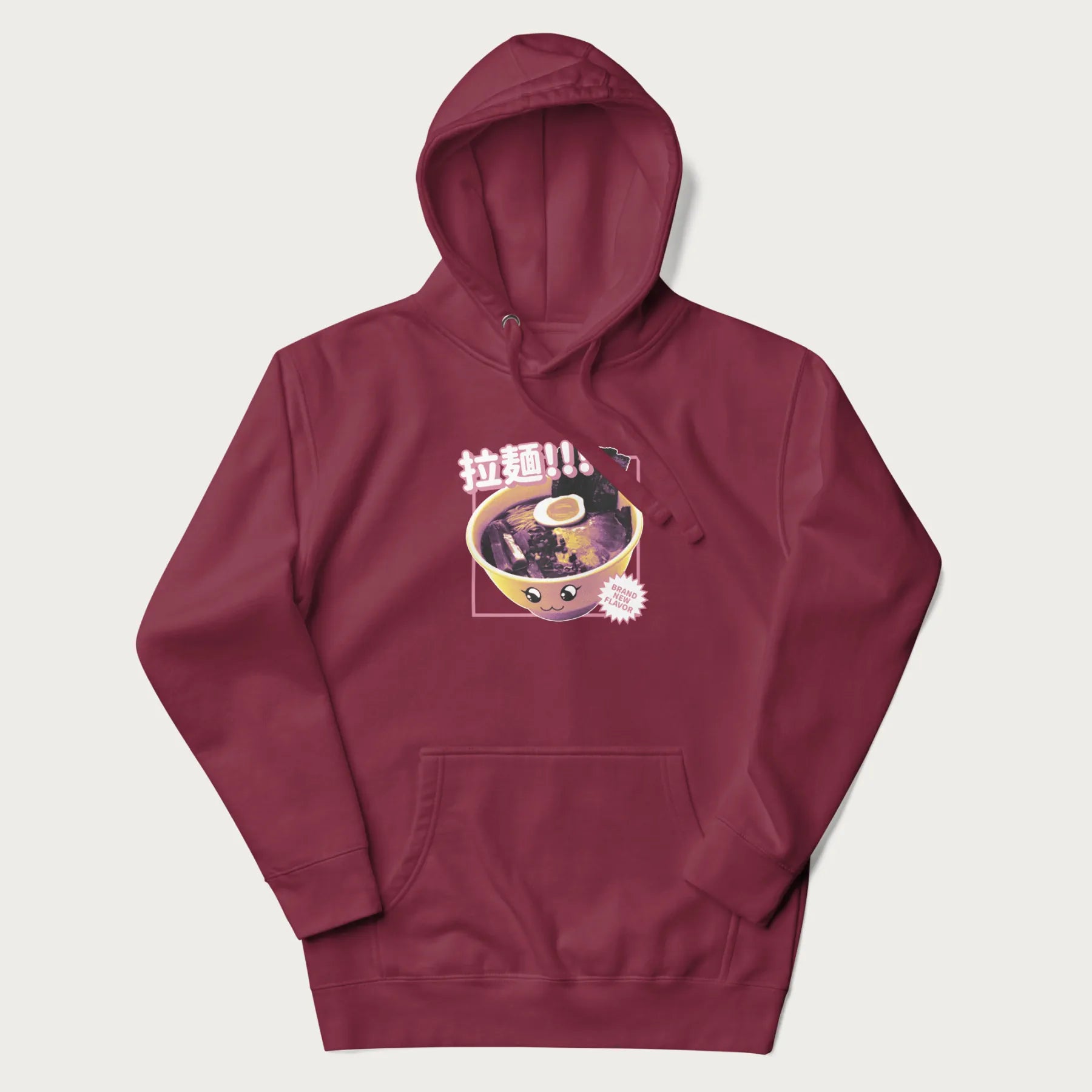 Maroon hoodie with Japanese text '拉麵!!!' (Ramen!!!) in vibrant pink and realistic ramen bowl graphic.