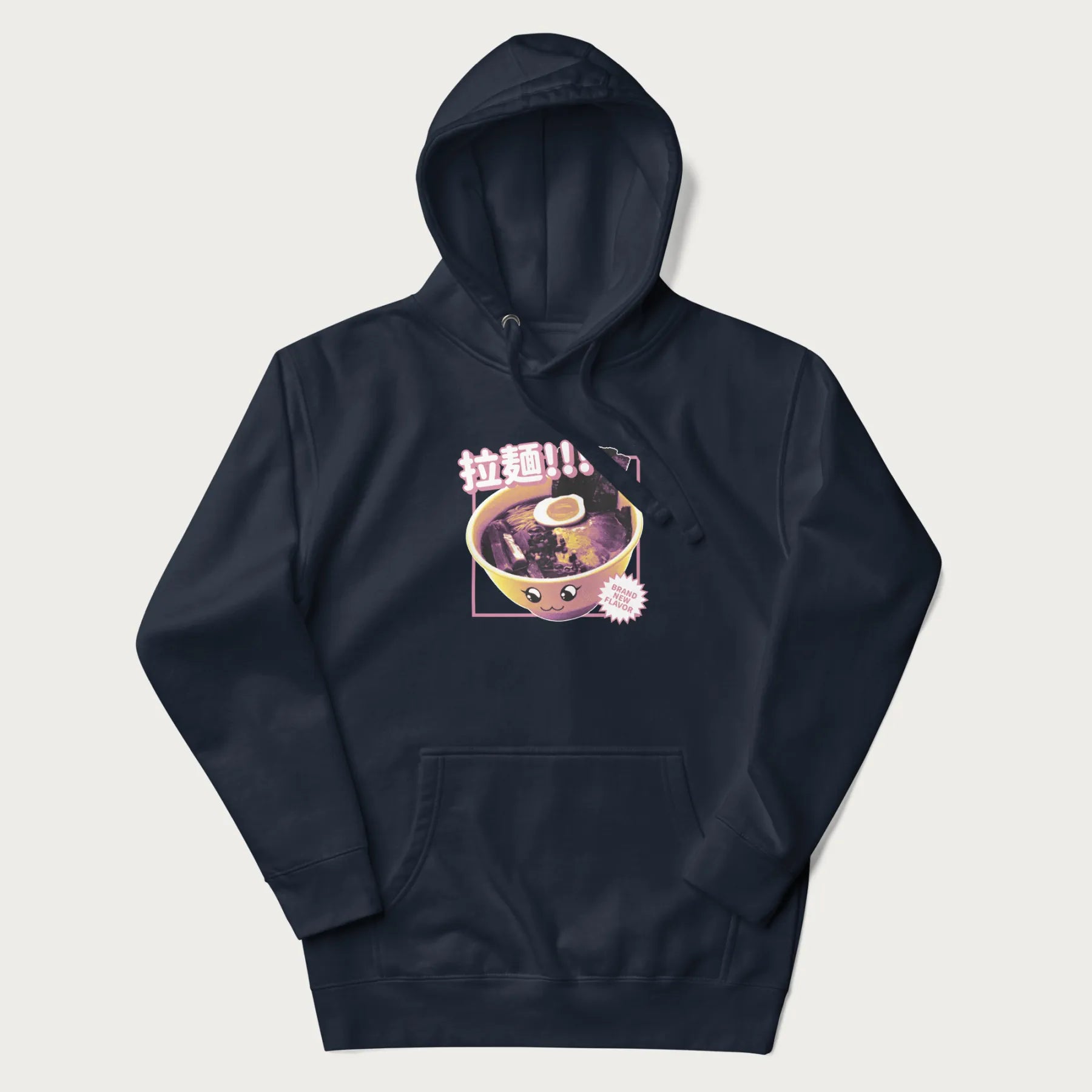 Navy blue hoodie with Japanese text '拉麵!!!' (Ramen!!!) in vibrant pink and realistic ramen bowl graphic.