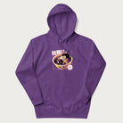 Purple hoodie with Japanese text '拉麵!!!' (Ramen!!!) in vibrant pink and realistic ramen bowl graphic.