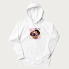 White hoodie with Japanese text '拉麵!!!' (Ramen!!!) in vibrant pink and realistic ramen bowl graphic.