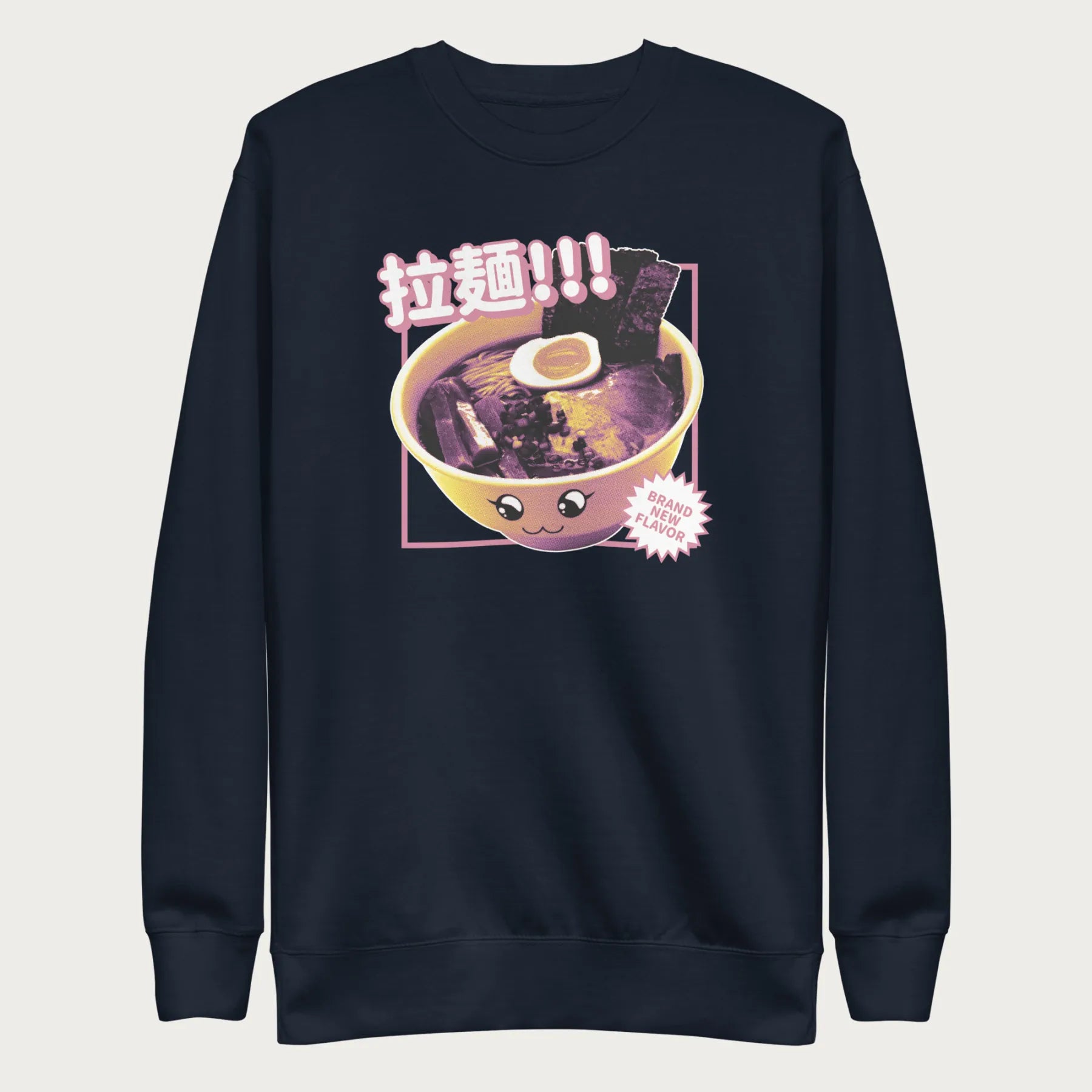 Navy blue sweatshirt with Japanese text and a kawaii ramen bowl graphic.