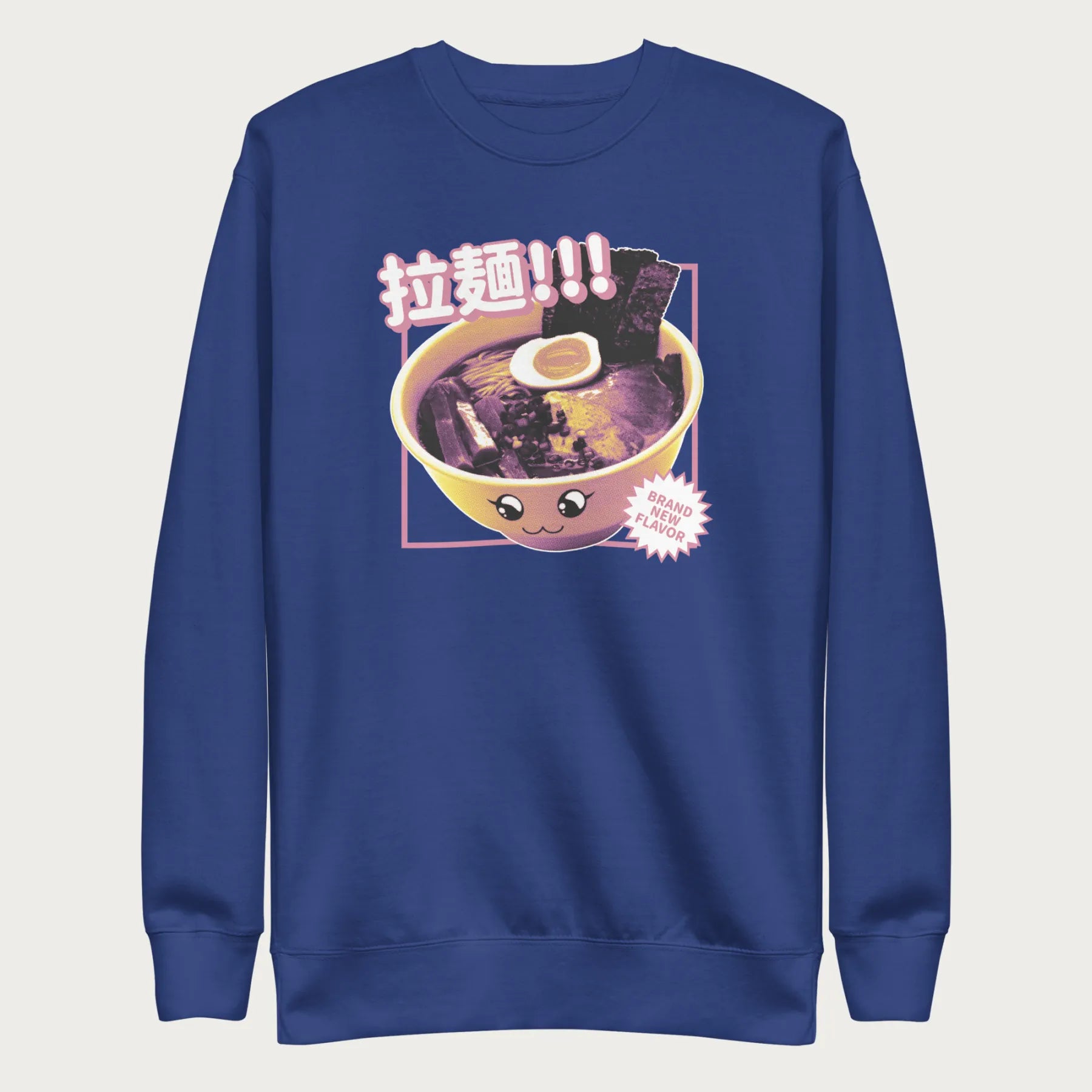 Royal blue sweatshirt with Japanese text and a kawaii ramen bowl graphic.