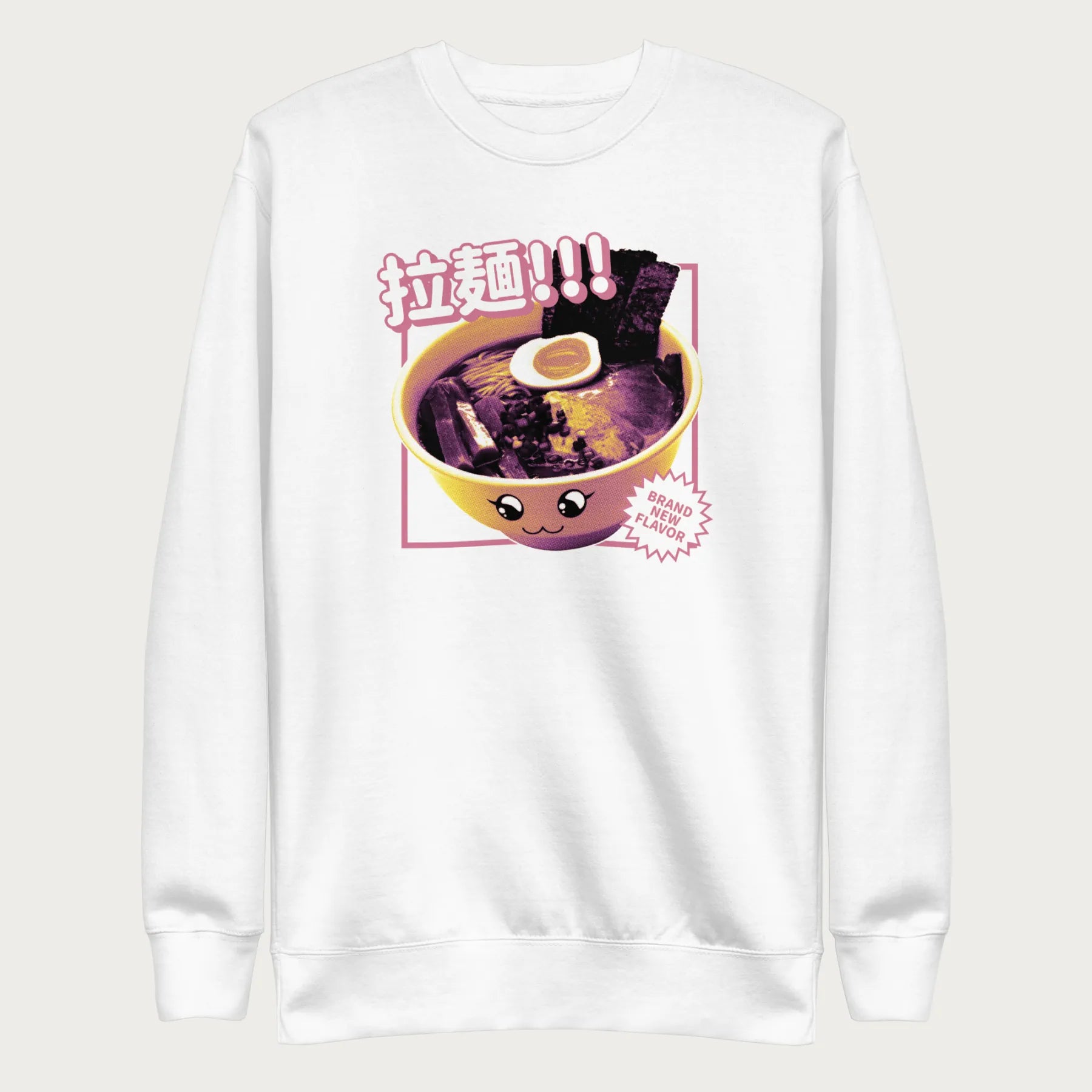 White sweatshirt with Japanese text and a kawaii ramen bowl graphic.