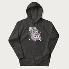 Dark grey hoodie with Japanese graphic of a cute grey cat eating sushi, with the Japanese text '寿司' (Sushi) in the background.