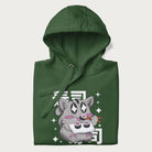 Folded forest green hoodie with Japanese graphic of a cute grey cat eating sushi, with the Japanese text '寿司' (Sushi) in the background.