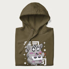 Folded military green hoodie with Japanese graphic of a cute grey cat eating sushi, with the Japanese text '寿司' (Sushi) in the background.