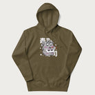 Military green hoodie with Japanese graphic of a cute grey cat eating sushi, with the Japanese text '寿司' (Sushi) in the background.
