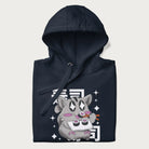Folded navy blue hoodie with Japanese graphic of a cute grey cat eating sushi, with the Japanese text '寿司' (Sushi) in the background.