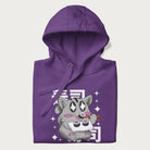 Folded purple hoodie with Japanese graphic of a cute grey cat eating sushi, with the Japanese text '寿司' (Sushi) in the background.