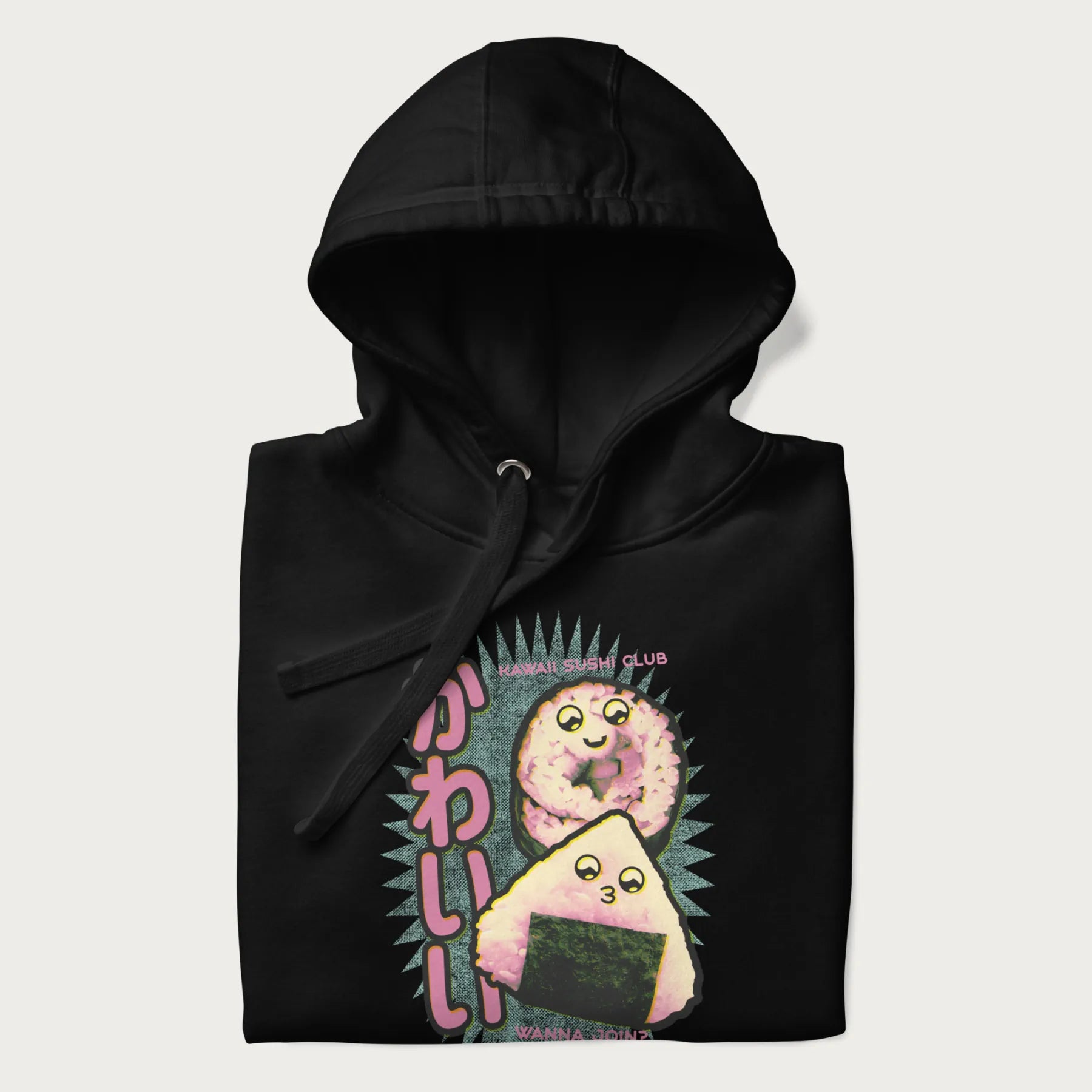 Folded black hoodie featuring a cute sushi and onigiri graphic with the text "Kawaii Sushi Club", colorful neon accents and Japanese characters.