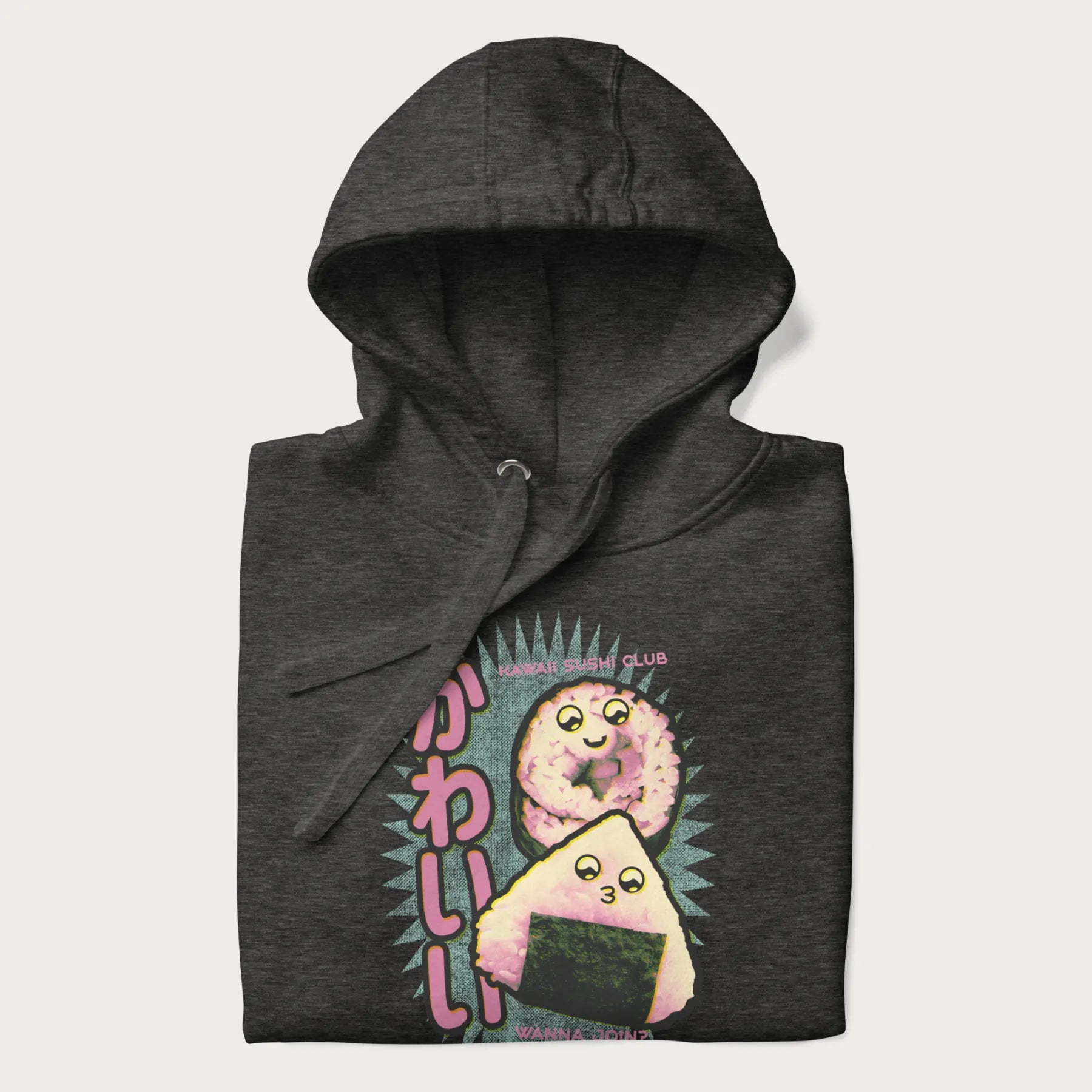Folded dark grey hoodie featuring a cute sushi and onigiri graphic with the text "Kawaii Sushi Club", colorful neon accents and Japanese characters.