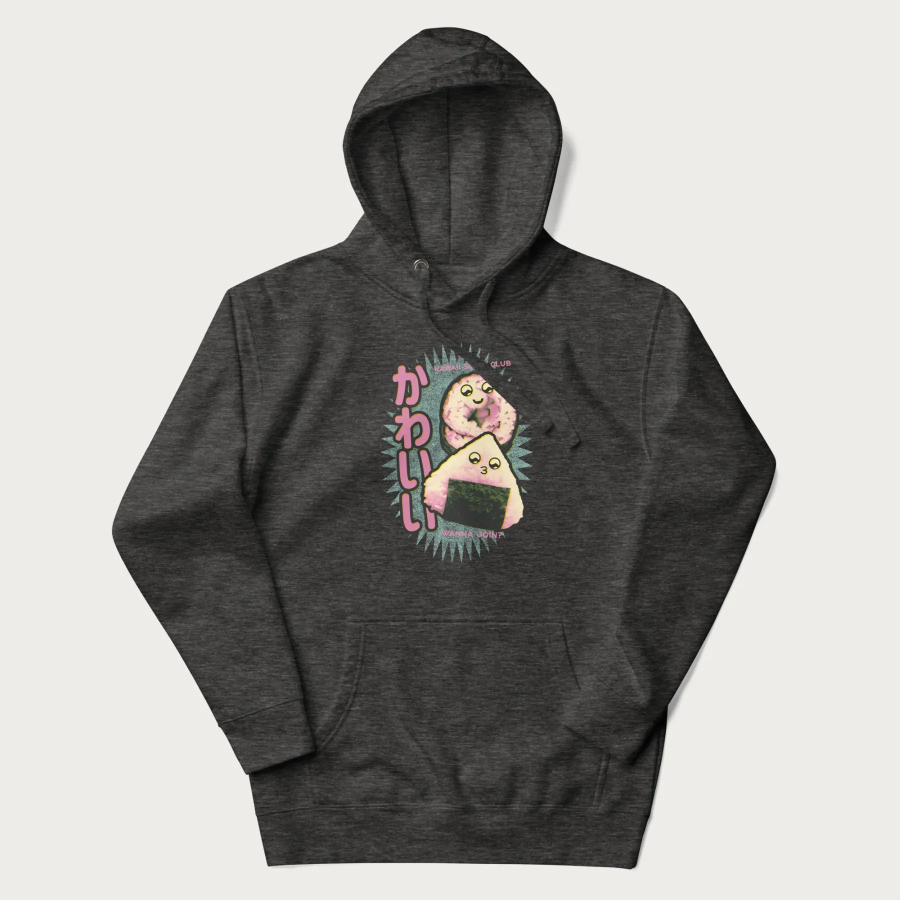 Dark grey hoodie featuring a cute sushi and onigiri graphic with the text "Kawaii Sushi Club", colorful neon accents and Japanese characters.