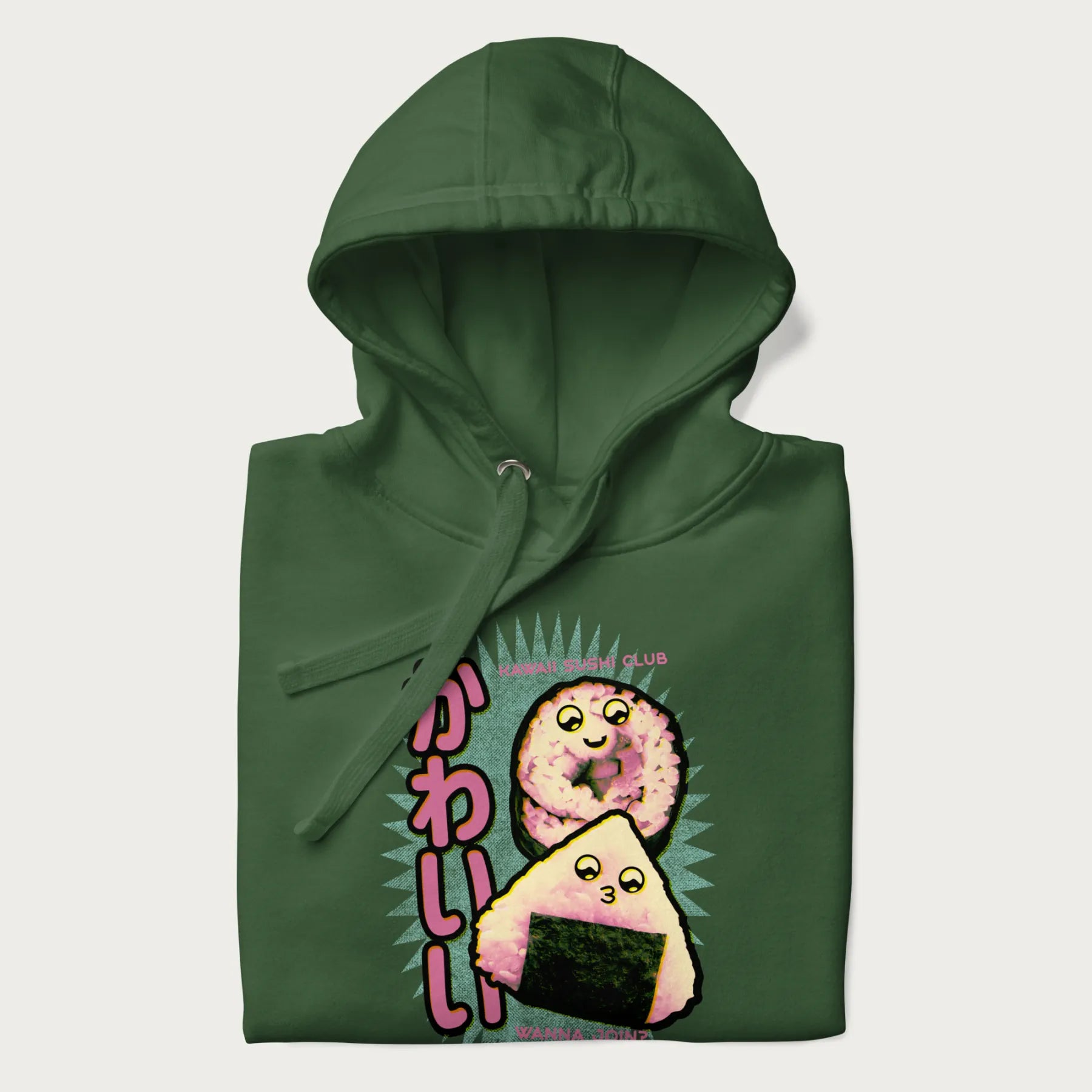 Folded forest green hoodie featuring a cute sushi and onigiri graphic with the text "Kawaii Sushi Club", colorful neon accents and Japanese characters.