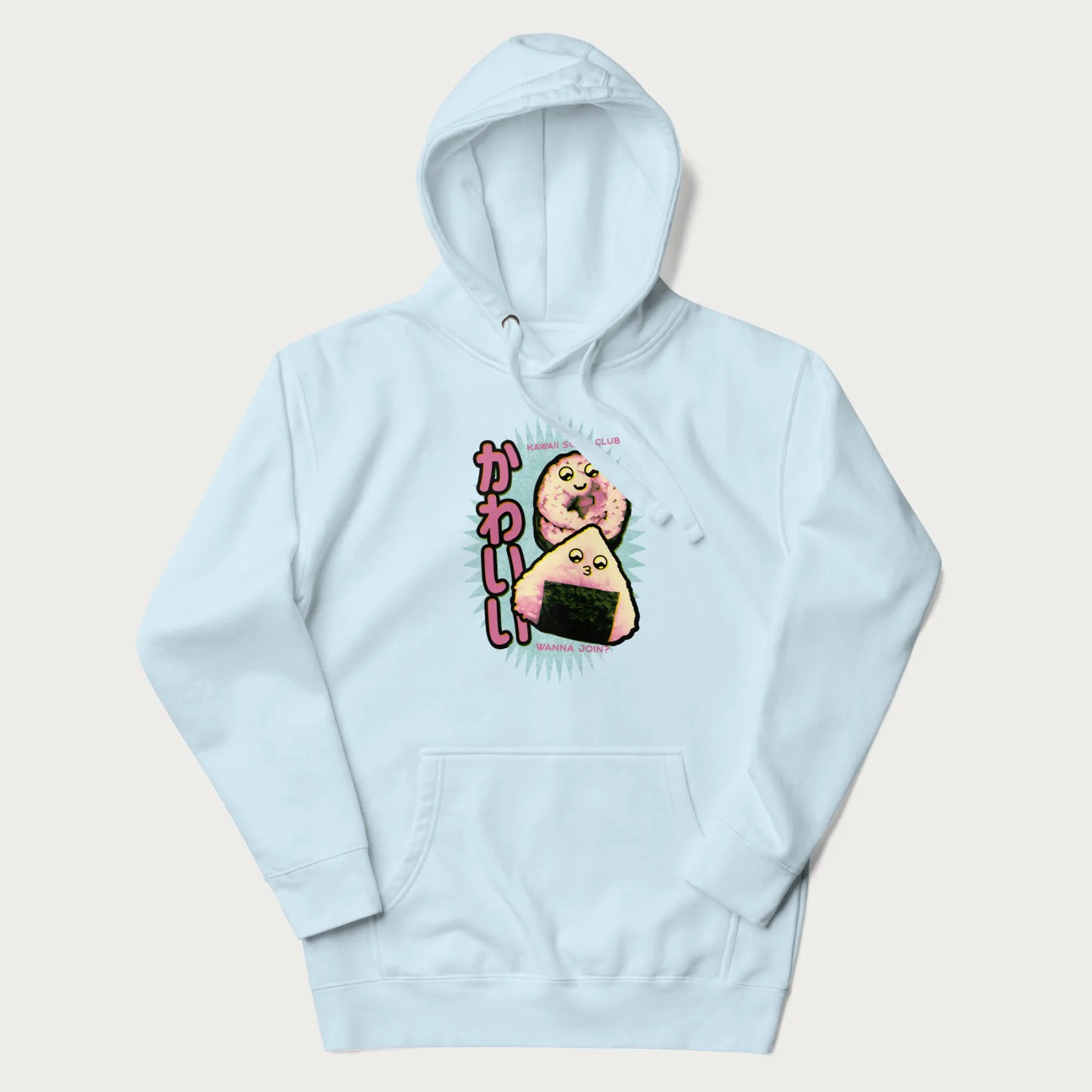 Light blue hoodie featuring a cute sushi and onigiri graphic with the text "Kawaii Sushi Club", colorful neon accents and Japanese characters.