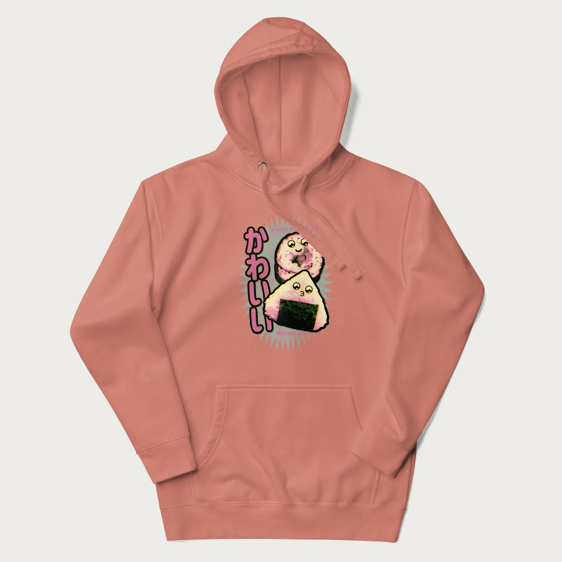 Light pink hoodie featuring a cute sushi and onigiri graphic with the text "Kawaii Sushi Club", colorful neon accents and Japanese characters.