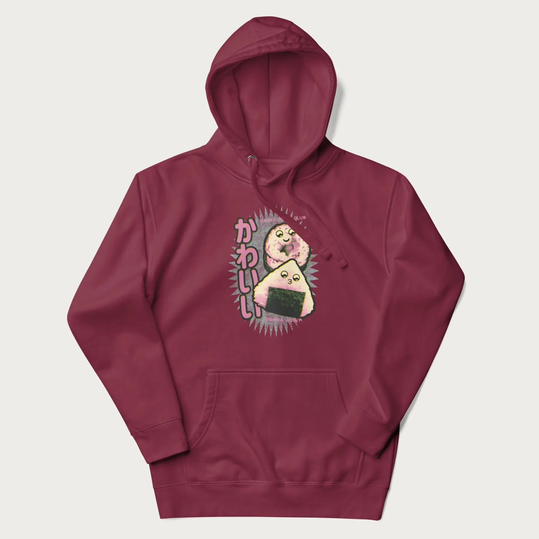 Maroon hoodie featuring a cute sushi and onigiri graphic with the text "Kawaii Sushi Club", colorful neon accents and Japanese characters.