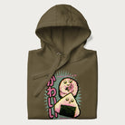 Folded military green hoodie featuring a cute sushi and onigiri graphic with the text "Kawaii Sushi Club", colorful neon accents and Japanese characters.