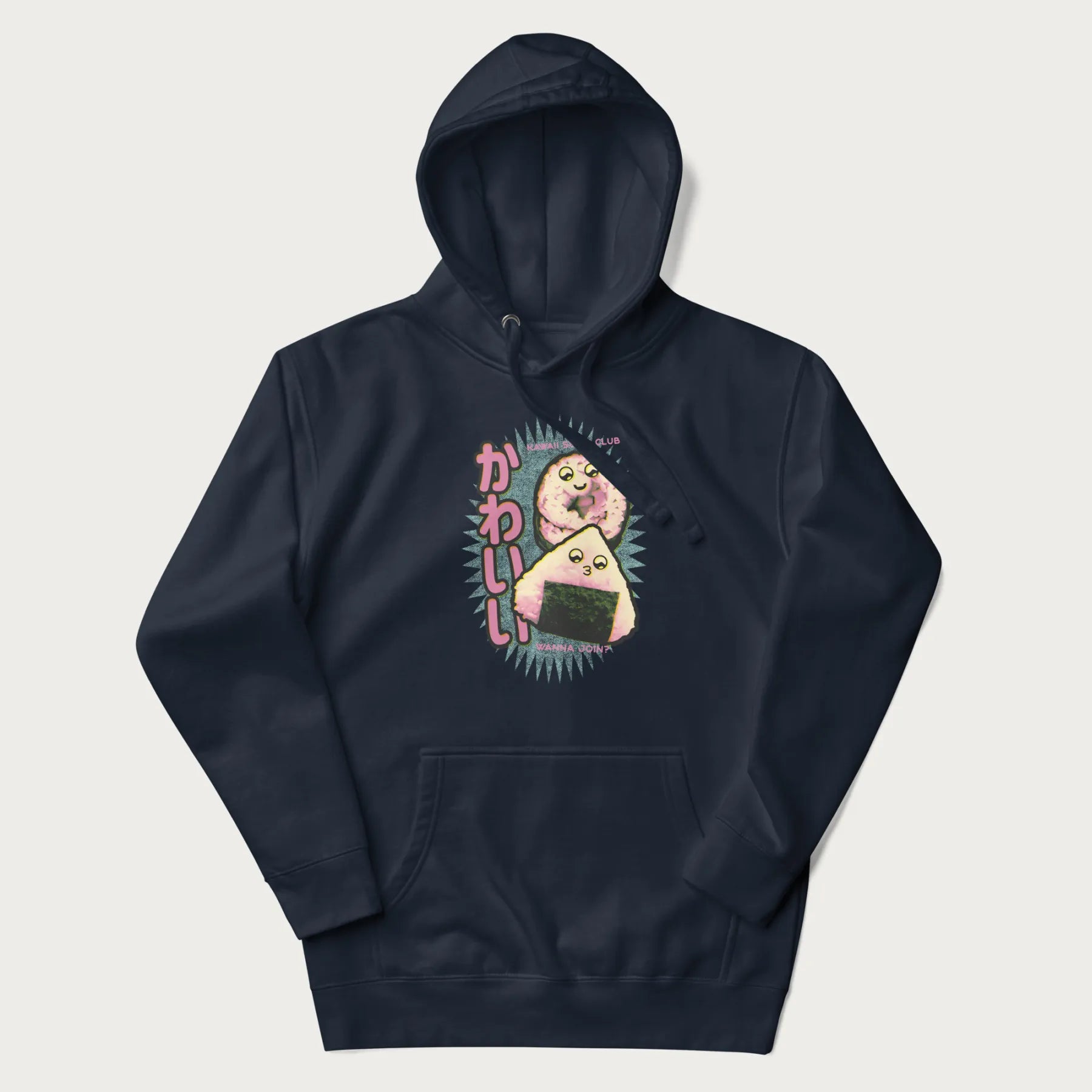 Navy blue hoodie featuring a cute sushi and onigiri graphic with the text "Kawaii Sushi Club", colorful neon accents and Japanese characters.