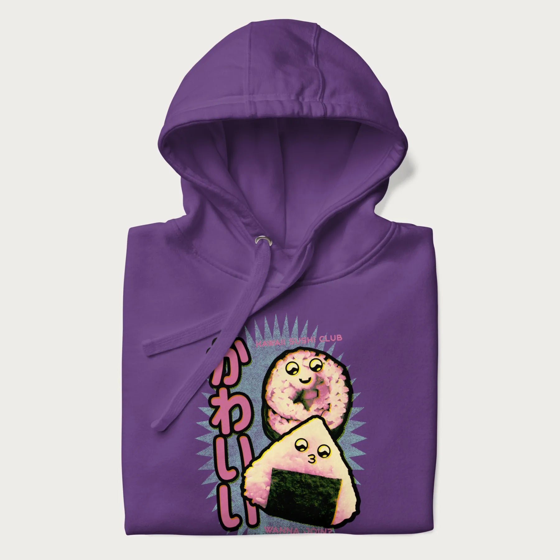 Folded purple hoodie featuring a cute sushi and onigiri graphic with the text "Kawaii Sushi Club", colorful neon accents and Japanese characters.