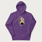 Purple hoodie featuring a cute sushi and onigiri graphic with the text "Kawaii Sushi Club", colorful neon accents and Japanese characters.