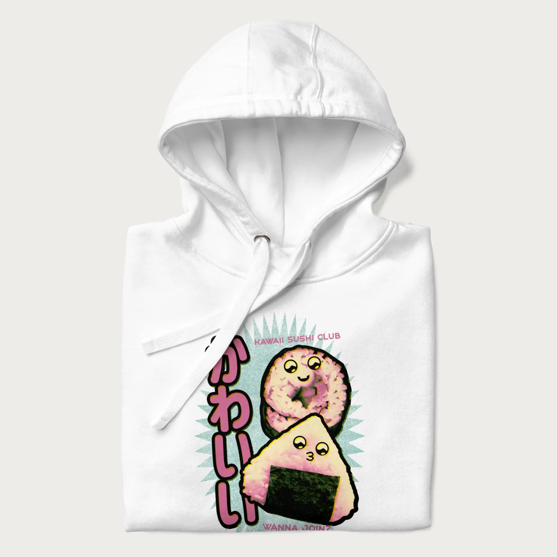 Folded white hoodie featuring a cute sushi and onigiri graphic with the text "Kawaii Sushi Club", colorful neon accents and Japanese characters.