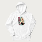 White hoodie featuring a cute sushi and onigiri graphic with the text "Kawaii Sushi Club", colorful neon accents and Japanese characters.