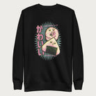 Black sweatshirt with a cute graphic of a sushi roll and onigiri, featuring the Japanese text 'Kawaii.'