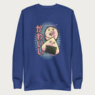 Royal blue sweatshirt with a cute graphic of a sushi roll and onigiri, featuring the Japanese text 'Kawaii.'