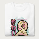 Folded white sweatshirt with a cute graphic of a sushi roll and onigiri, featuring the Japanese text 'Kawaii.'