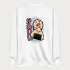 White sweatshirt with a cute graphic of a sushi roll and onigiri, featuring the Japanese text 'Kawaii.'