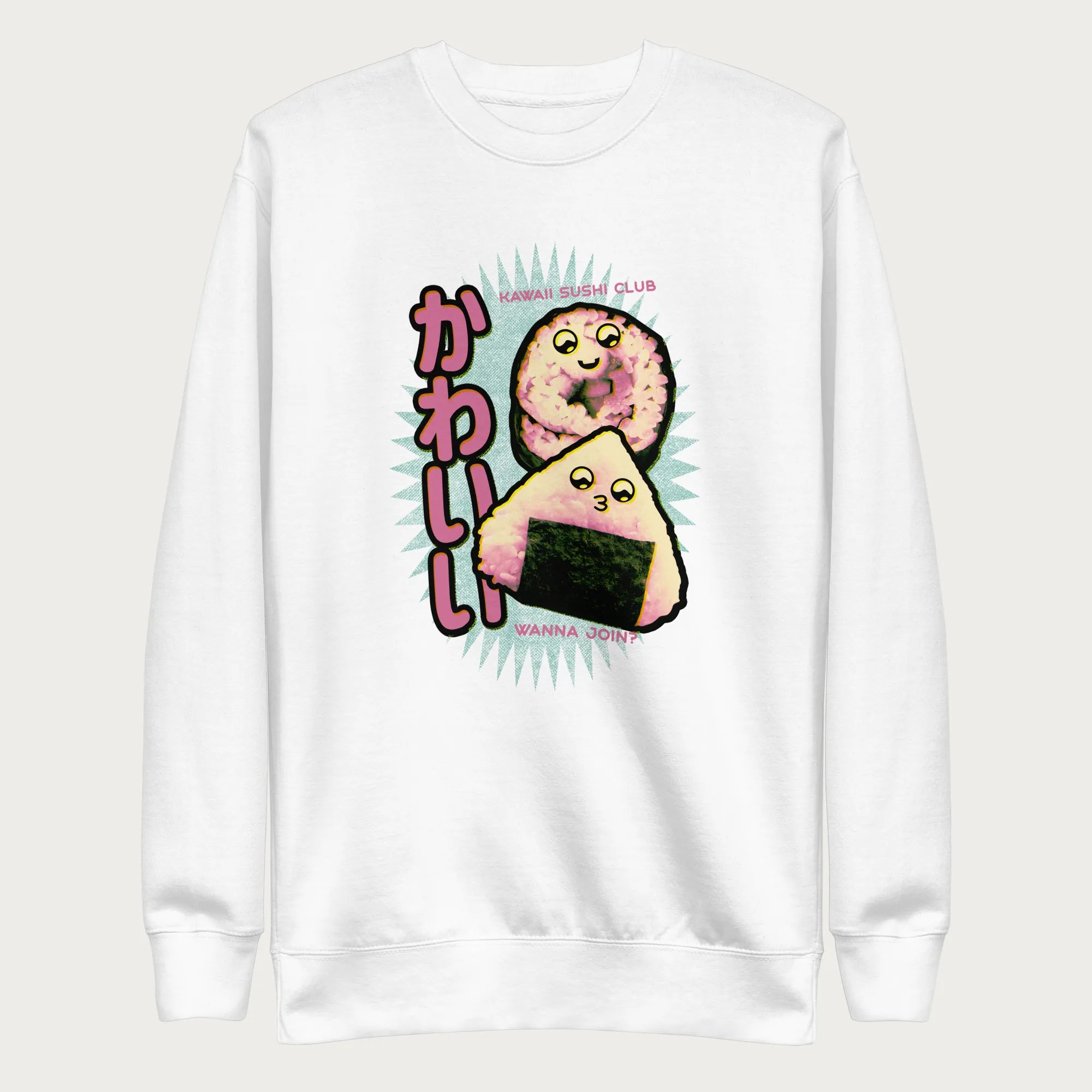 White sweatshirt with a cute graphic of a sushi roll and onigiri, featuring the Japanese text 'Kawaii.'