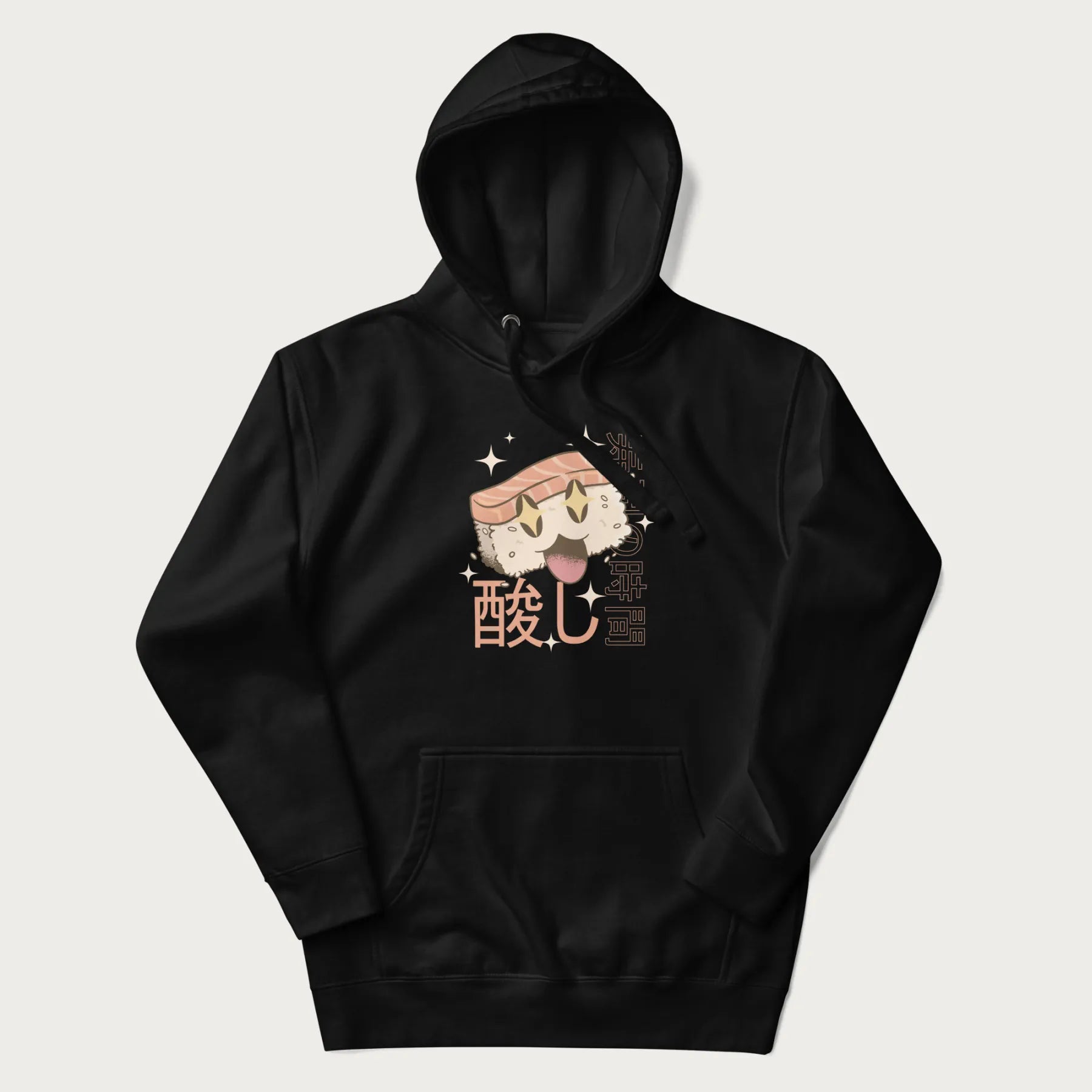 Black hoodie with Japanese graphic of a cute sushi with sparkling eyes accompanied by Japanese text '寿司の時間' (Sushi Time).