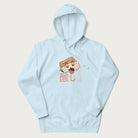 Light blue hoodie with Japanese graphic of a cute sushi with sparkling eyes accompanied by Japanese text '寿司の時間' (Sushi Time).