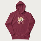 Maroon hoodie with Japanese graphic of a cute sushi with sparkling eyes accompanied by Japanese text '寿司の時間' (Sushi Time).