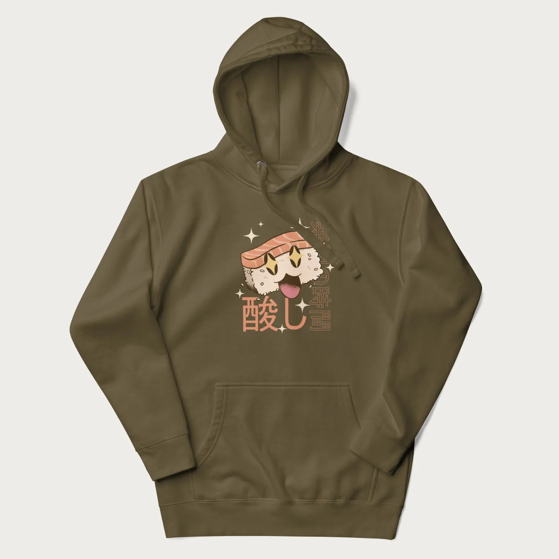 Military green hoodie with Japanese graphic of a cute sushi with sparkling eyes accompanied by Japanese text '寿司の時間' (Sushi Time).